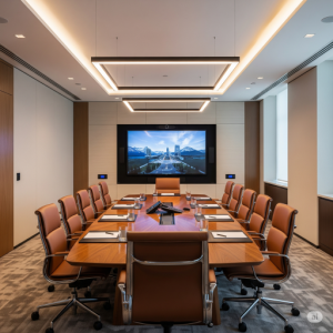 Sleek and Modern Conference Room. A conference room with a large table, comfortable chairs, integrated technology (large screen), and sophisticated lighting.
