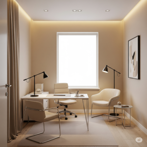 Small Office Light-Coloured, Leggy Furniture & Ambient + Accent Lighting.