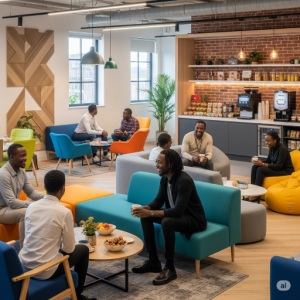 Vibrant and Inviting Breakout Area. A colorful and comfortable office breakout area with soft seating, a coffee station, and interesting textures. 