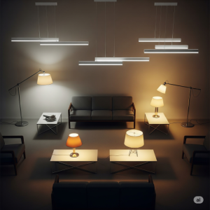 Office waiting area overhead lighting fixtures, table lamps, and floor lamps.