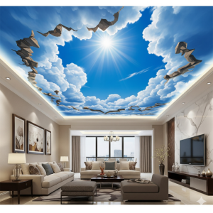 3D Blue Sky with White Clouds Living Room Ceiling Mural