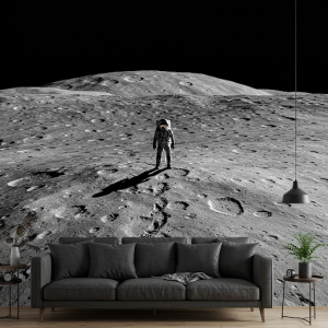 3D Wallpaper Mural of a Monochromatic Lunar Surface with Figure.