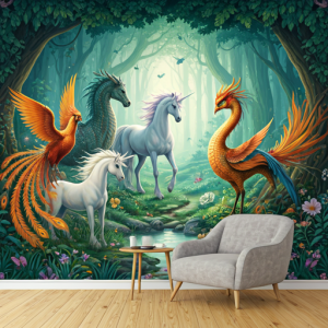 3D animal wallpaper for walls, featuring fantastical creatures such as unicorns, dragons, and phoenixes in a dreamlike forest setting