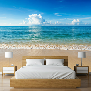 3d beach wallpaper gracing the wall behind your headboard