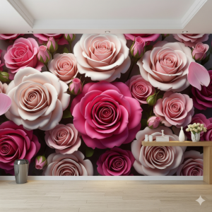 3d blooming roses in shades of pink, wallpaper mural