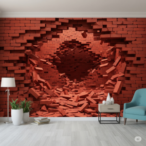 3d red bricks caving in wallpaper mural, offering a sense of depth and mystery.
