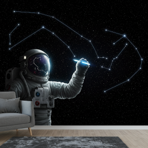 A 3D wallpaper mural depicting an astronaut seemingly drawing lines between stars to form constellations.