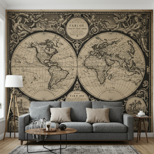A black and white map wallpaper mural with a subtle sepia undertone to evoke a classic, antique feel.