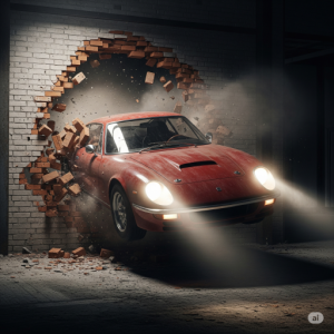A car breaking through a brick wall wallpaper mural.