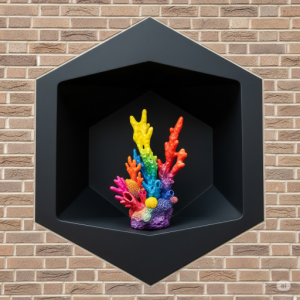 A contemporary, geometric niche painted into the brick, containing a vibrant abstract sculpture.