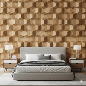 A feature wall behind a bed in a master bedroom, a wallpaper mural pattern made of small wooden cubes.