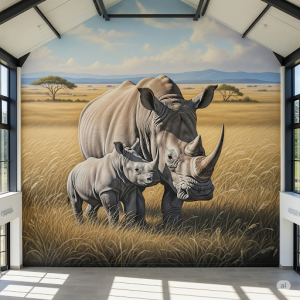 A large rhino with its calf on the savanna, an indoor 3d animal canvas wallpaper printing.