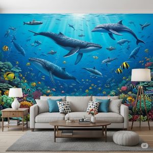 a living room oceanic adventures wallpaper mural featuring marine life, boats, and submarines: