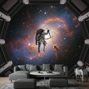 A perspective shot from inside a spacecraft, looking out at an astronaut performing a spacewalk against a backdrop of stars and planets. 3d Wallpaper mural.
