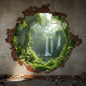 A photorealistic depiction of a view through a seemingly broken wall to another space, adding an industrial chic vibe.