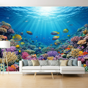 A realistic underwater scene with colorful coral reefs, schools of fish, and sunlight filtering through the water