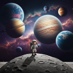 A small astronaut standing on a tiny moon next to colossal planets. Wallpaper Mural.