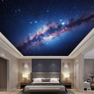 A starlit sky master bedroom ceiling mural creates a calming and dreamlike ambiance. 
