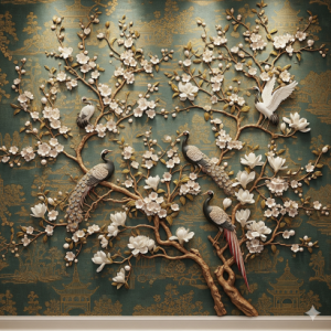  A traditional Chinoiseries-style mural with a 3D twist, featuring blossoming branches, elegant birds, and a detailed, textured background.