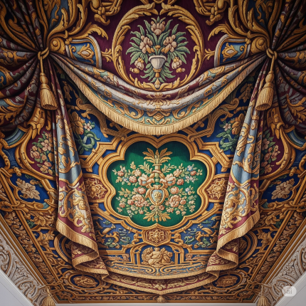 A trompe-l'œil design that makes the ceiling look like it's covered in a rich, woven fabric or a delicate tapestry. A trompe-l'œil design that makes the ceiling look like it's covered in a rich, woven fabric or a delicate tapestry.