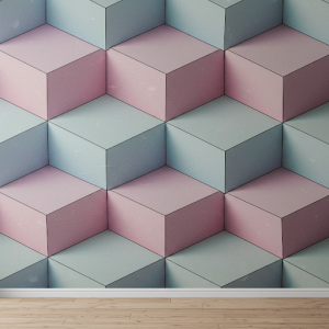 A wallpaper with a repeating pattern of cubes can make a small room feel larger.