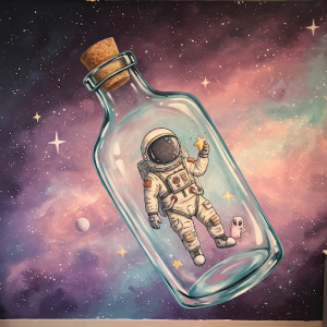 A whimsical mural scene of an astronaut contained within a glass bottle floating in space.