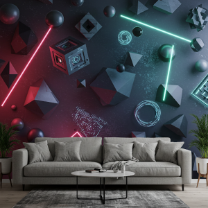 Abstract 3D geometric shapes wallpaper mural with glowing elements and a high-tech aesthetic