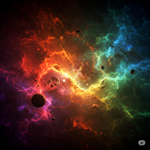 Abstract Cosmic 3d Art Mural. Artistic interpretations of space phenomena using bold colours and dynamic shapes.