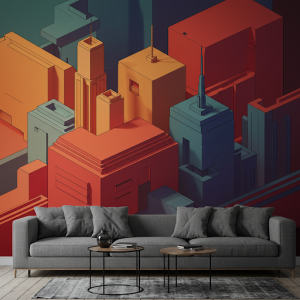 Abstract Geometric Cityscape Mural.