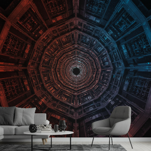 Abstract Geometric Tunnel 3D Scenery Wallpaper Mural. Interlocking shapes and patterns create a sense of depth.