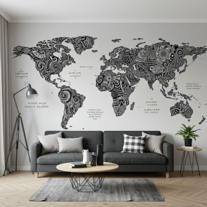 Abstract World Map (Monochrome) Black and White Wallpaper Mural: A stylized, non-literal interpretation of the world map using black and white geometric shapes or patterns.