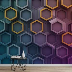 Abstract interlocking metallic gold and silver hexagons with a gradient background 3d wallpaper mural.