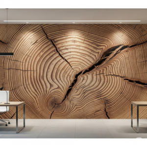 Abstracted Wood Grain Office Wallpaper Mural: A close-up, photographic mural of a highly detailed wood grain or a cross-section of a tree trunk. The natural, organic lines add warmth and a subtle textural element, promoting a grounded and natural feel.