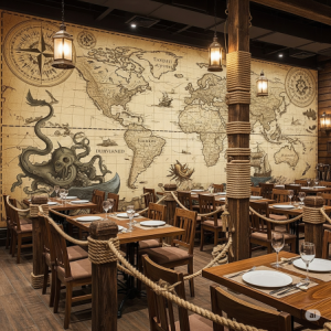 Adventurous-themed restaurant's old-world wallpaper mural