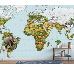 African Safari Map. While still a world map, Africa is highly detailed with numerous safari animals, and other continents are more lightly sketched.