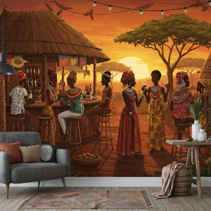 African setting wine bar wallpaper mural