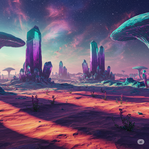 Alien Planet Landscape 3d Space Wallpaper Mural. An imaginary world with bizarre terrains, skies, and alien structures.