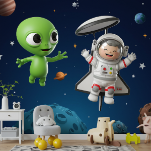 Alien and astronaut cartoon 3d wallpaper mural