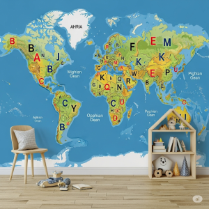 Alphabetical Country Map. Countries are highlighted with their first letter prominently displayed, aiding in early literacy and geography.