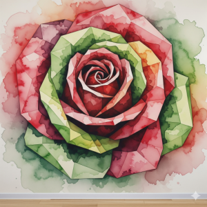An abstract, watercolour-style geometric rose 3D wallpaper mural. 