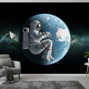  An astronaut floating in a fetal position, surrounded by a hazy image of Earth. 3D wallpaper mural.