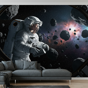 An astronaut is carefully manoeuvring through a field of asteroids in a wallpaper mural.
