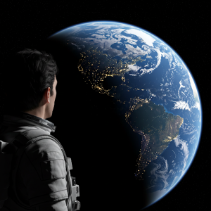 An astronaut looking back at a stunning, photorealistic Earth