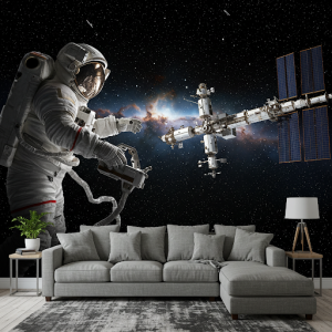 An astronaut manoeuvring to dock with the International Space Station. 3D wallpaper mural.