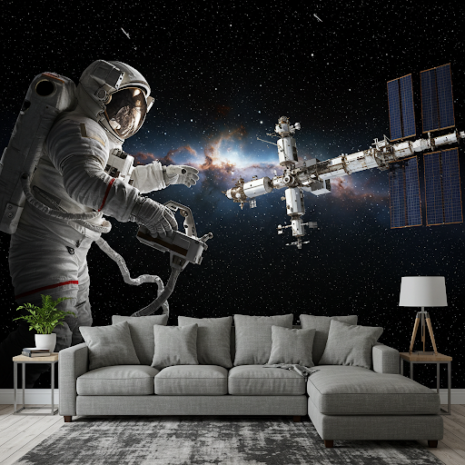 An astronaut manoeuvring to dock with the International Space Station. 3D wallpaper mural. An astronaut manoeuvring to dock with the International Space Station. 3D wallpaper mural.