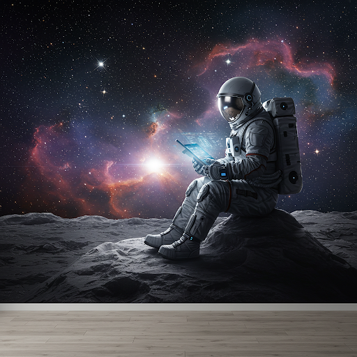 An astronaut sitting on a celestial body, with a futuristic tablet, seemingly contemplating the cosmos. 3D wallpaper mural. An astronaut sitting on a celestial body, with a futuristic tablet, seemingly contemplating the cosmos. Wallpaper mural.