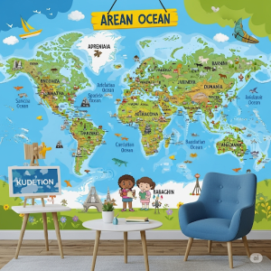 An educational children's world map wallpaper mural