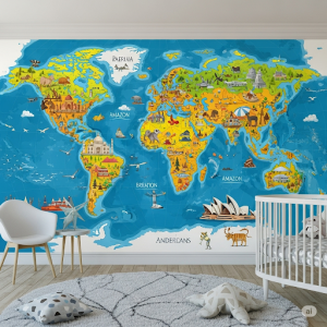  a children's world map designed as a wallpaper mural