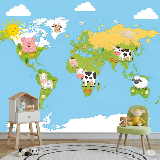 Animal Farm World Map Wallpaper Mural. For very young children, a map featuring common farm animals placed on continents where those animals are typically found. Animal Farm Map. For very young children, a map featuring common farm animals placed on continents where those animals are typically found.