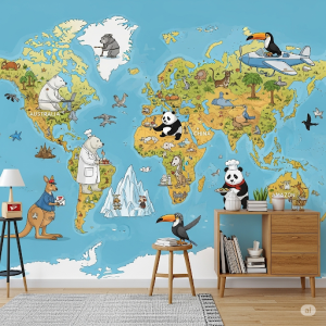 Animal Professions Map. Animals depicted in playful 'jobs' related to their region (e.g., a kangaroo mail carrier in Australia, a panda chef in China).